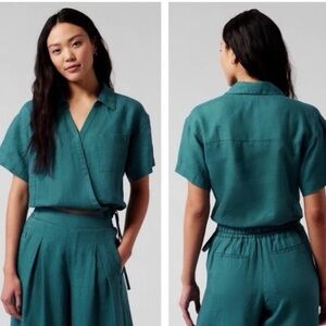 Athleta Playa Linen Tie Top Borealis Wrap Short Sleeve XL Lightweight